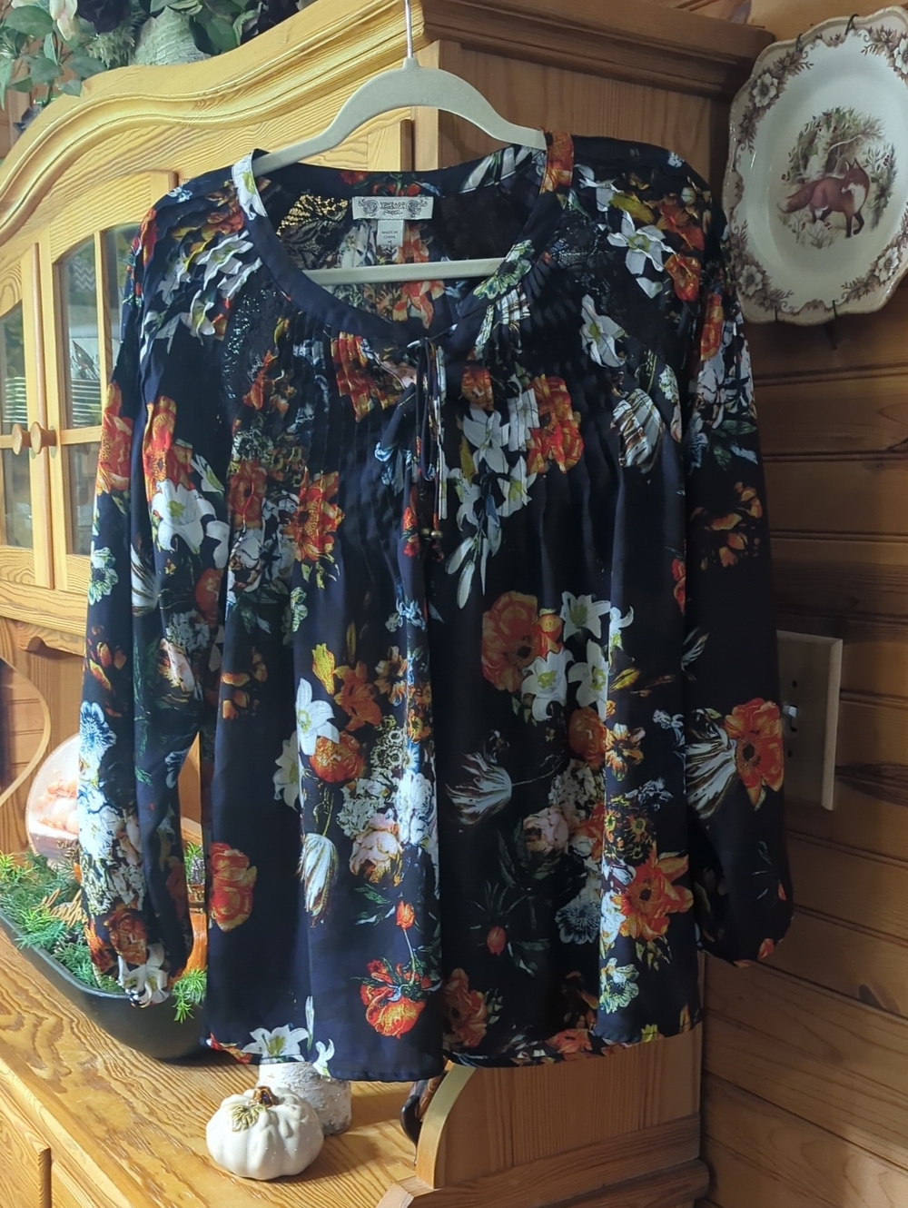 Women's Floral Tie-Neck Blouse - Blue with Orange & White Flowers